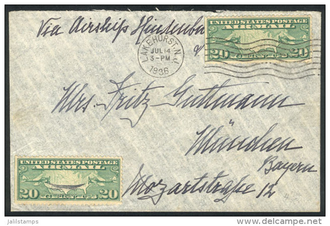 Airmail Cover Sent "via Hindenburg" On 14/JUL/1936 From Lakehurst To Germany Franked With 40c., VF Quality! - Andere & Zonder Classificatie