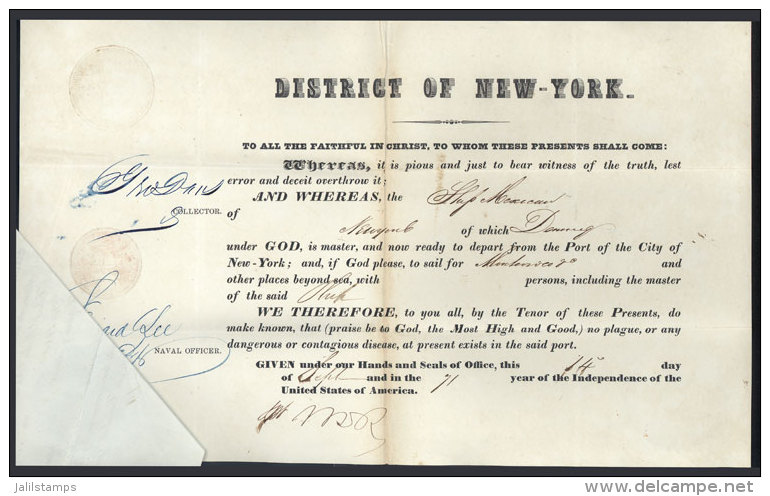 Document Issued By The Authorities Of New York In SE/1844 Certifying That The Ship "Mexicana" Departs From The Port... - Autres & Non Classés