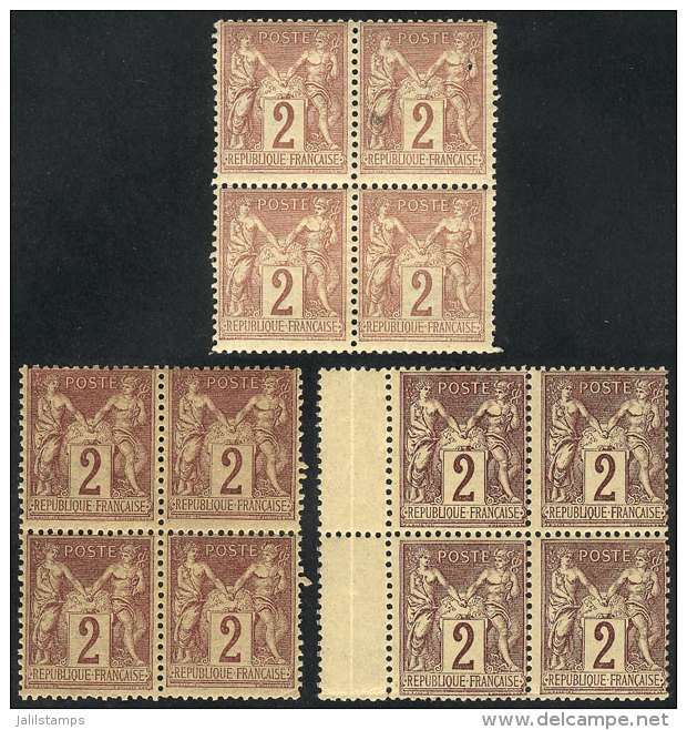 Yvert 85 + 85a, 1877/80 2c. Red-chestnut On Yellow (2 Different Shades) + Dark Chestnut, UNMOUNTED BLOCKS OF 4,... - Autres & Non Classés