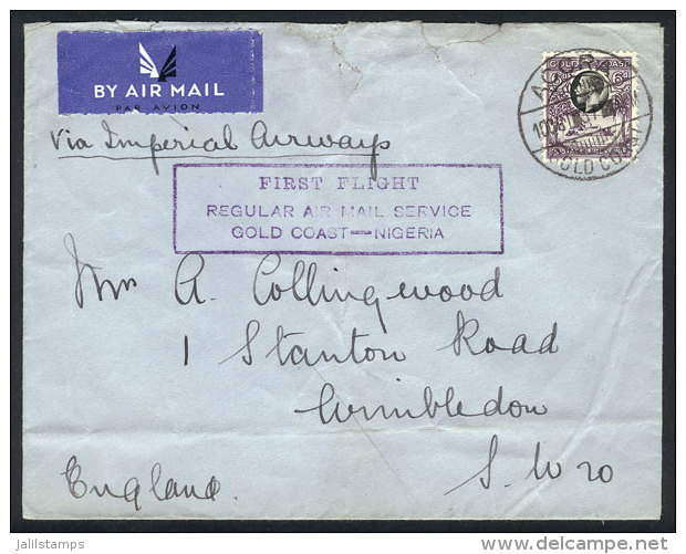 10/OC/1937 First Flight Regular Airmailmail Service Gold Coast - Nigeria, Cover Sent From Accra To Winbledon, Minor... - Côte D'Or (...-1957)