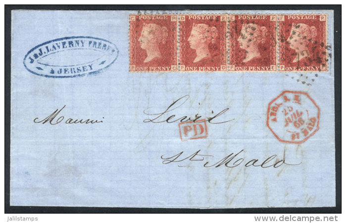 Entire Letter Sent From JERSEY To St. Malo (France) On 25/JUL/1866, Franked With Strip Of 4 Of SG.43 (Sc.33) Plate... - Autres & Non Classés