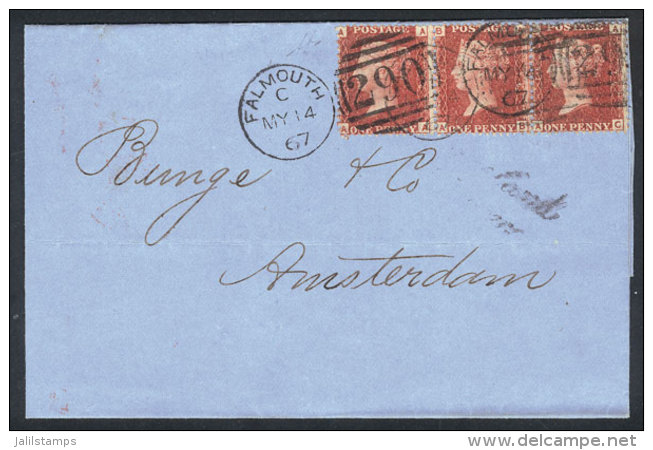 14/MAY/1867 Falmouth - Amsterdam: Folded Cover Franked With Strip Of 3 SG.43 (Sc.33) Plate 76 With Duplex Cancel... - Andere & Zonder Classificatie