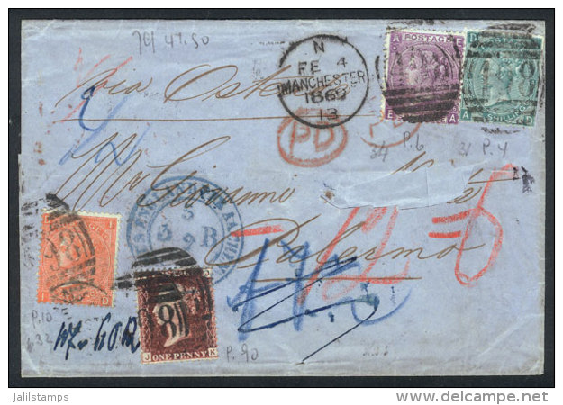 4/FE/1869 Manchester - Palermo (Italy): Folded Cover (the Surname Of The Addressee Was Cut Out) With Multicolor... - Andere & Zonder Classificatie