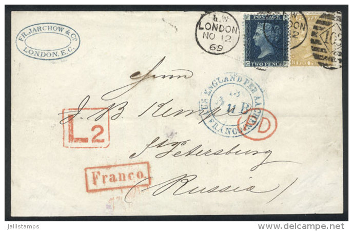 Cover Front Sent From London To St. Petersbourg (Russia) On 12/NO/1869, Franked With SG.46 Plate 13 + 110 Plate 4,... - Autres & Non Classés