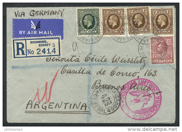 Registered Airmail Cover Sent From Richmond To Buenos Aires On 30/JUN/1937 By Germany DLH, Minor Defect, Excellent... - Autres & Non Classés