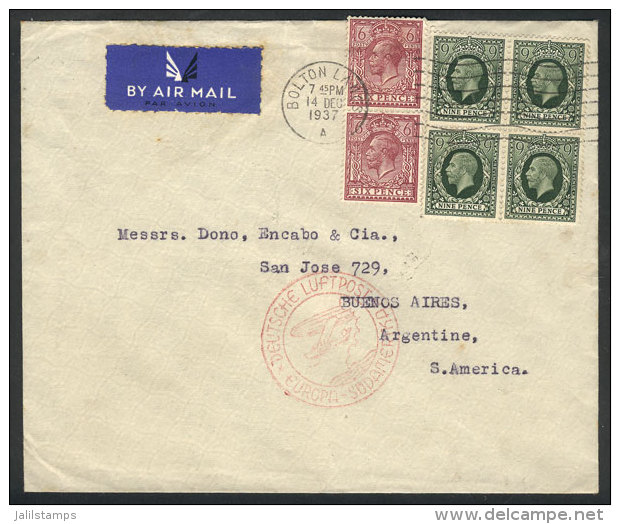 Airmail Cover Sent From Bolton To Buenos Aires On 14/DE/1937 By Germany DLH, Very Nice! - Andere & Zonder Classificatie