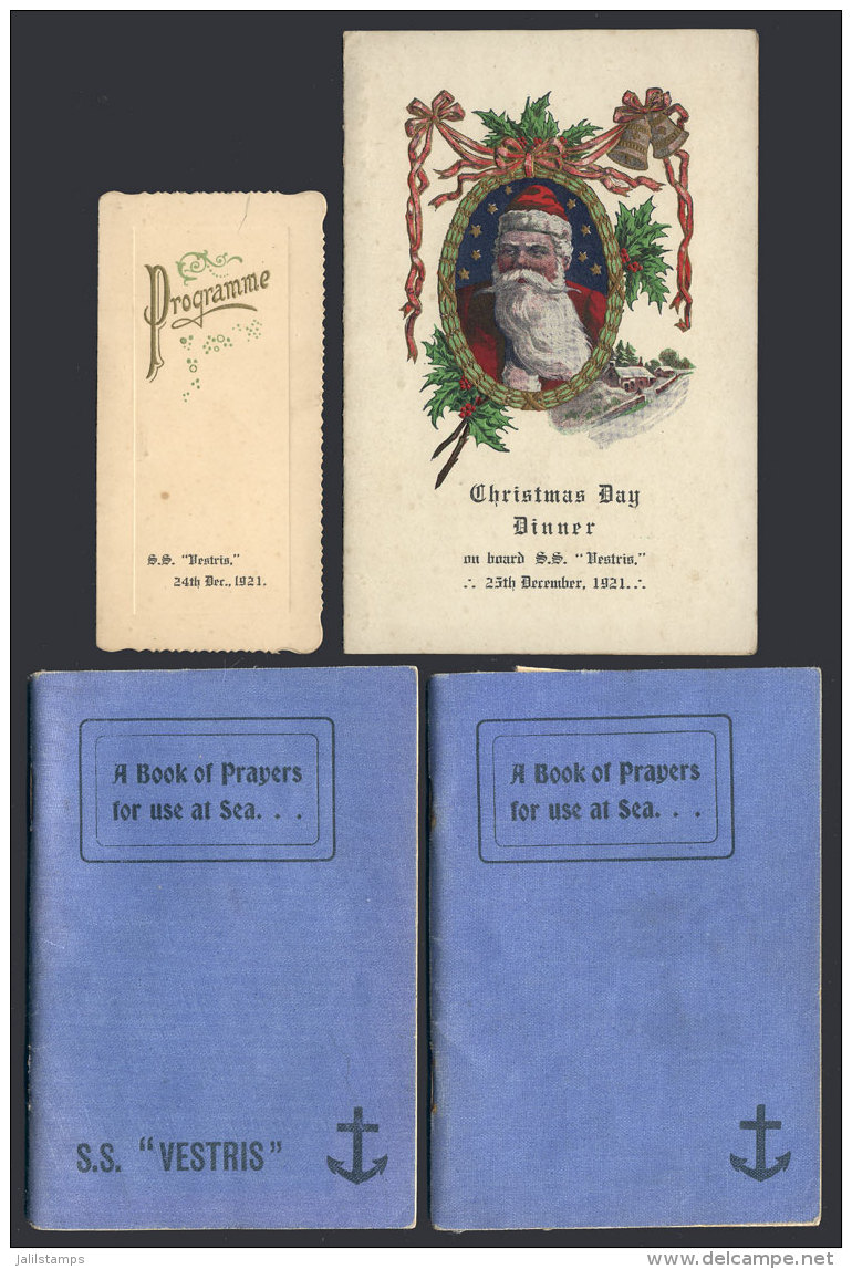 S.S. VESTRIS: 2 Small Books Of Prayers For Use At Sea + Christmas Day Dinner Menu 25/DE/1921 + Music Programme For... - Verzamelingen