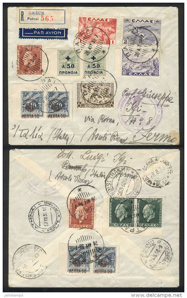 Registered Airmail Cover Sent From Patrai To Roma On 26/AU/1938 With Spectacular Multicolor Postage On Front And... - Andere & Zonder Classificatie