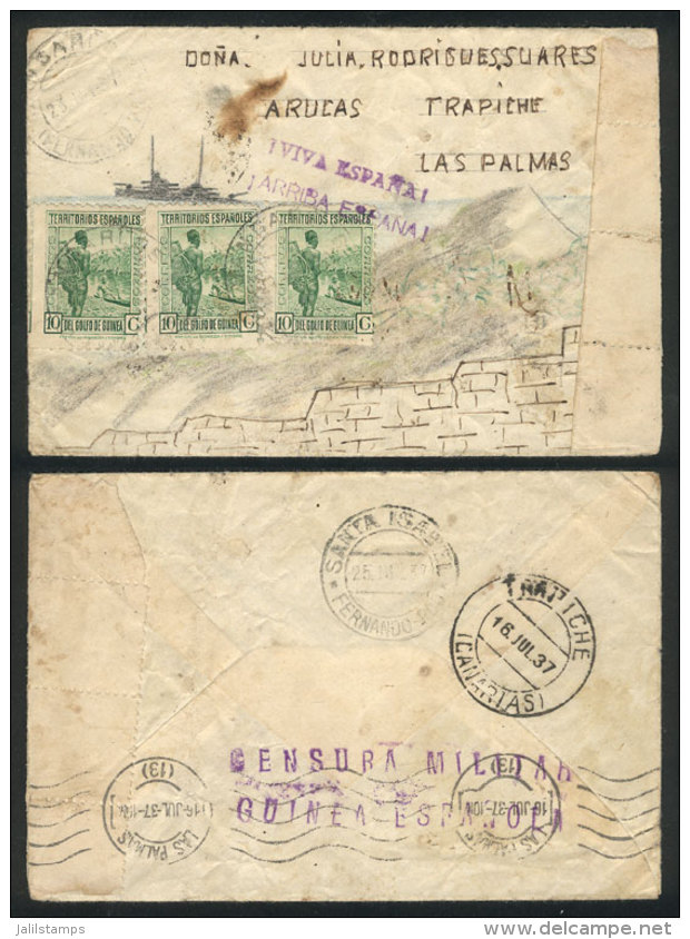 Hand-painted Envelope (mountains And Battleship Seen From A Fort) Franked With 30c. And Sent To Trapiche (Las... - Guinée Espagnole