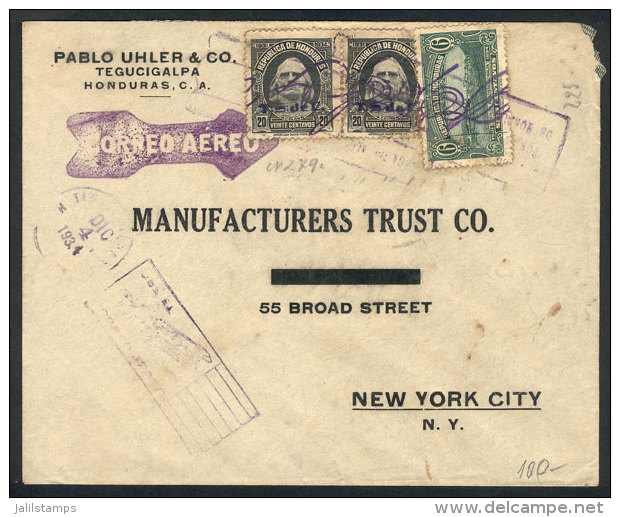 Airmail Cover Sent From Tegucigalpa To New York On 4/DE/1934, Nice Postage With Violet Control Mark, Interesting! - Honduras