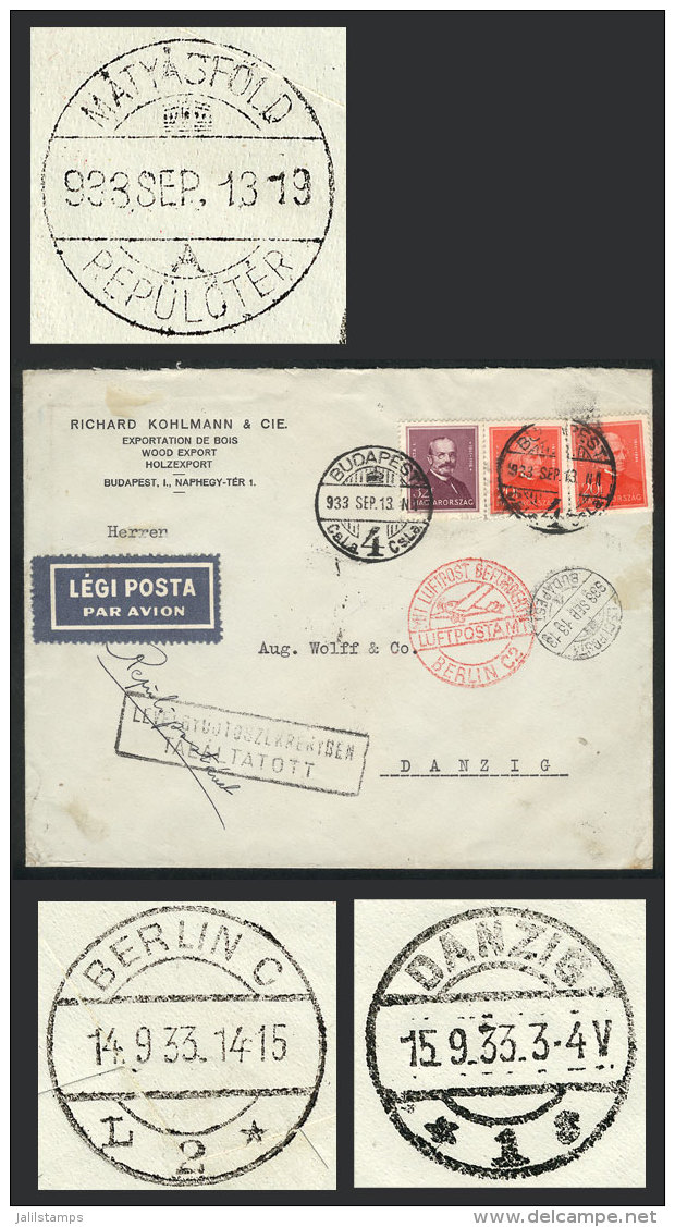 Airmail Cover Sent From Budapest To Danzig On 13/SE/1933, On Back Transit Marks And Arrival For 15/SE, Very Nice! - Autres & Non Classés