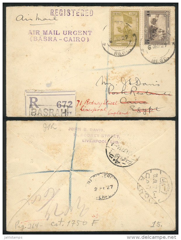 Registered Airmail Cover Sent From Basrah To Cairo (Egypt) On 6/JA/1927 And Forwarded To Englad, With Some Stain... - Irak