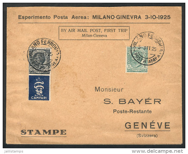 3/OC/1925 First Flight Milano - Geneve, Cover Franked With 20c. (one Stamp With Advertising Label For Campari),... - Ohne Zuordnung