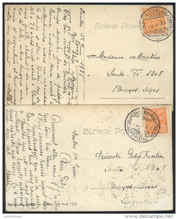 2 Postcards Sent From Santos (Brazil) To Argentina In 1934, Dispatched Onboard Steamship CONTE GRANDE, With... - Non Classés