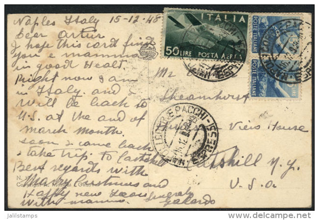 Postcard Sent By Airmail From Napoli To USA On 16/DE/1948, Franked With 80L. (the 50L. Stamp With Defects), Very... - Non Classés