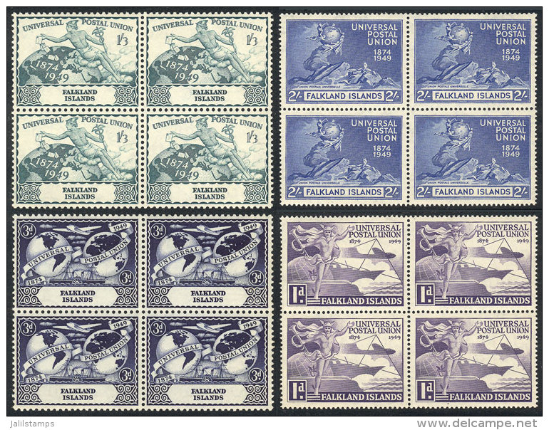 Sc.103/106, 1949 UPU 75 Years, The Set In Unmounted Blocks Of 4, Excellent Quality, Catalog Value US$62+ - Falklandeilanden