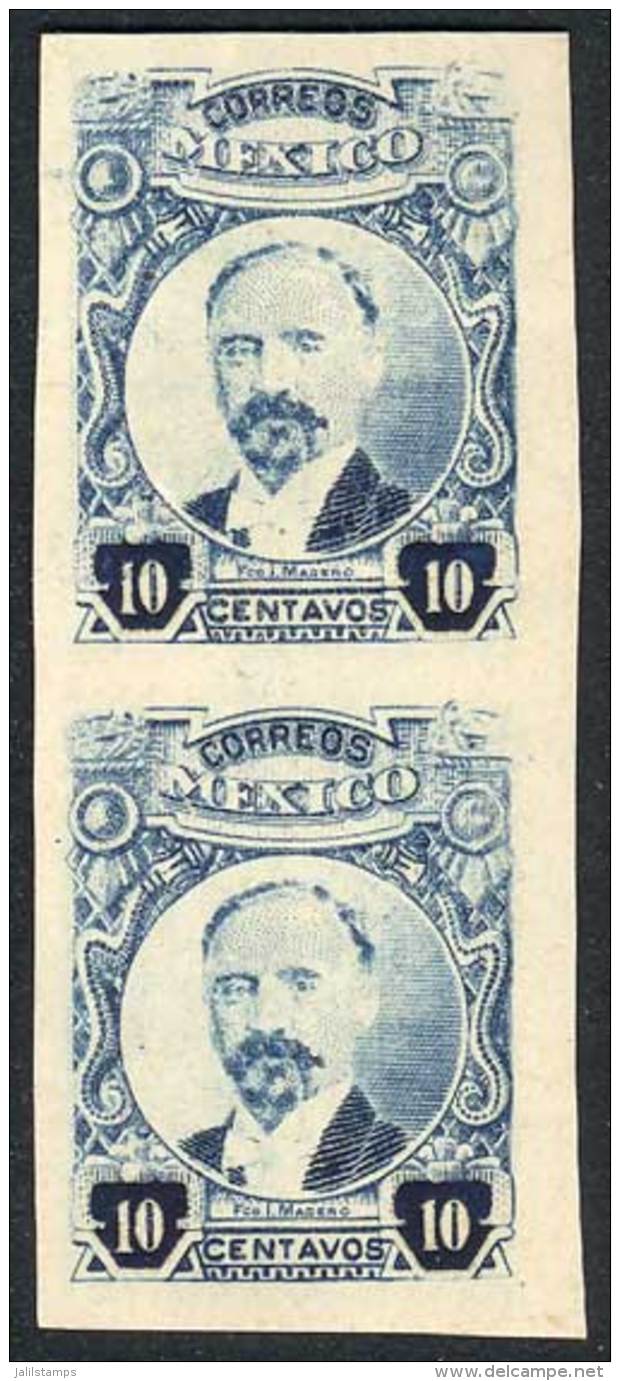 Yv.395, 1917/22 10c. Blue, IMPERFORATE Vertical Pair, Fine Quality (the Top Stamp With Light Fold), Rare! - Mexique