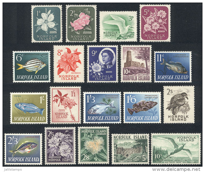 Yvert 26/44, 1960/3 Birds, Butterflies, Fish, Animals, Flowers Etc., Complete Set Of 19 Values, Mint Very Lightly... - Ile Norfolk