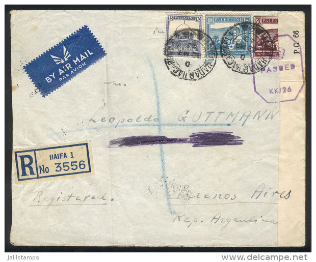 Registered Airmail Cover Sent From Haifa To Buenos Aires On 22/MAR/1943, With Censor Label And A Number Of Postal... - Palestina