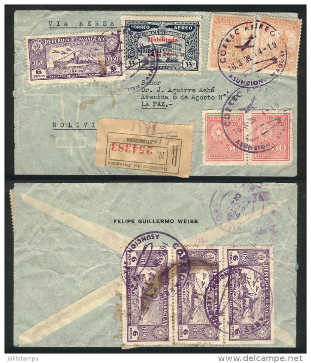 Registered Airmail Cover Sent From Asunci&oacute;n To La Paz (Bolivia) On 16/MAR/1939 With Nice Postage On Front... - Paraguay