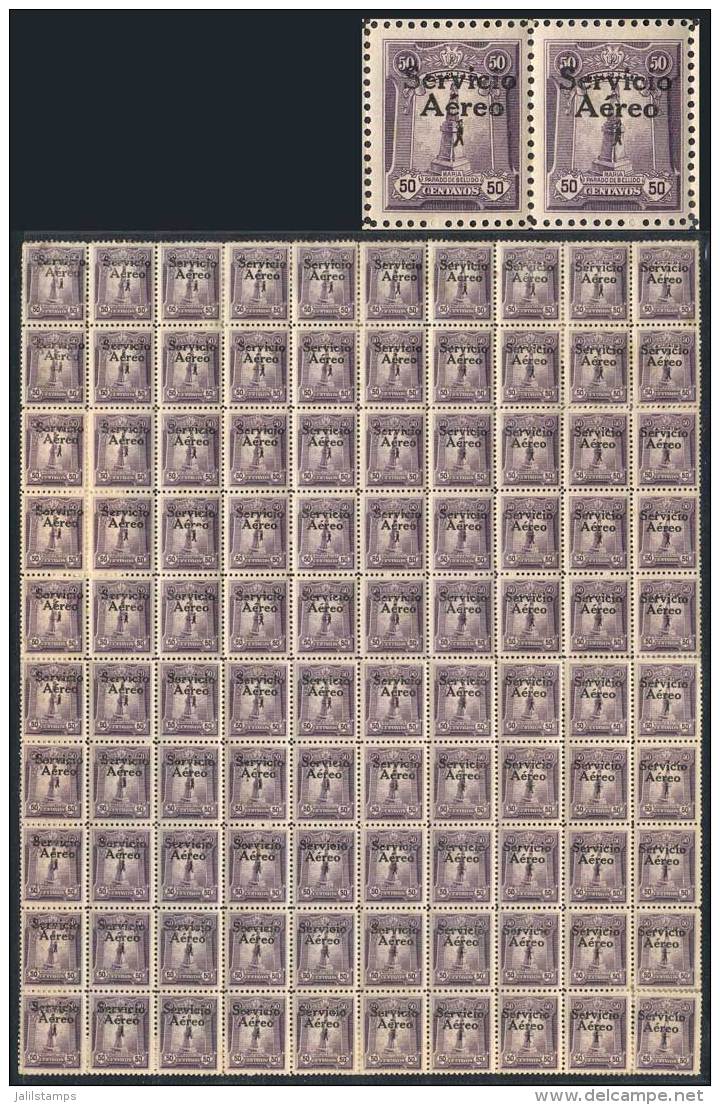 Yvert 1, 1927 50c. Violet, First Printing, ONLY KNOWN COMPLETE SHEET, Mint With Original Gum (some With Hinge... - Peru