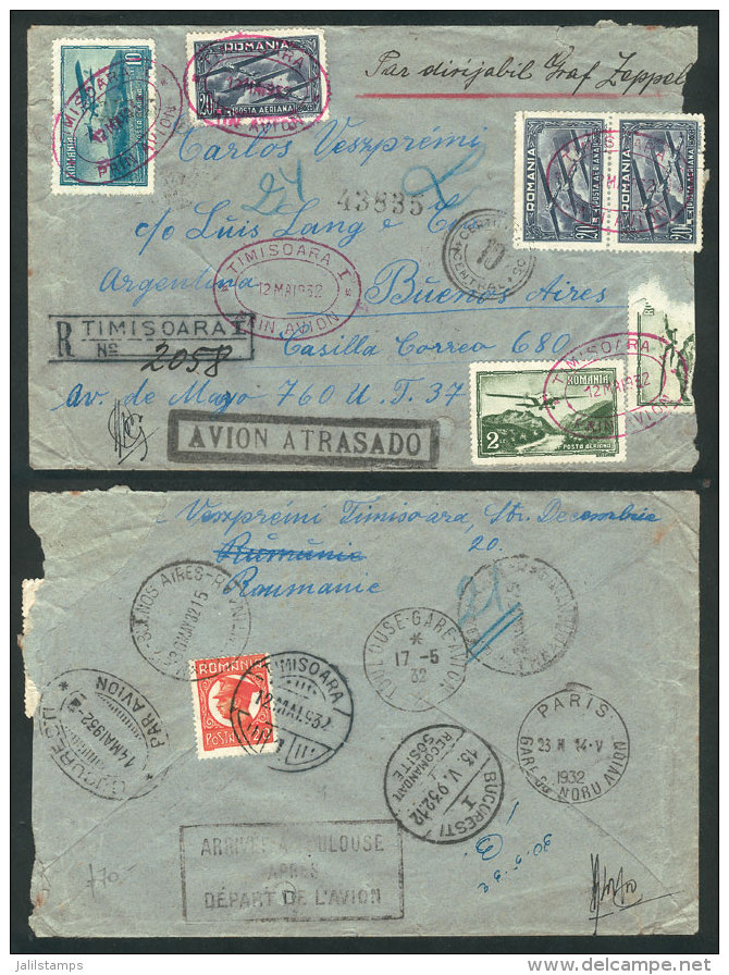 Registered Airmail Cover Sent From Timisoara To Buenos Aires On 12/MAY/1932 With Very Handsome Postage, With... - Andere & Zonder Classificatie