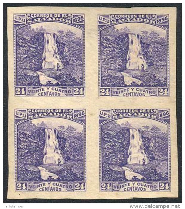 Yv.140A, 1896 24c. Atehausillas Waterfall, IMPERFORATE BLOCK OF 4 With Watermark, VF! - El Salvador