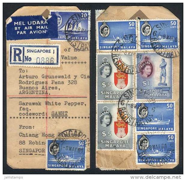 Tag Of A Registered Air Mail Parcel Post Sent To Argentina On 8/MAY/1961, Franked With $13.70 (Sc.36 + 39 X5 + 40 +... - Singapore (1959-...)