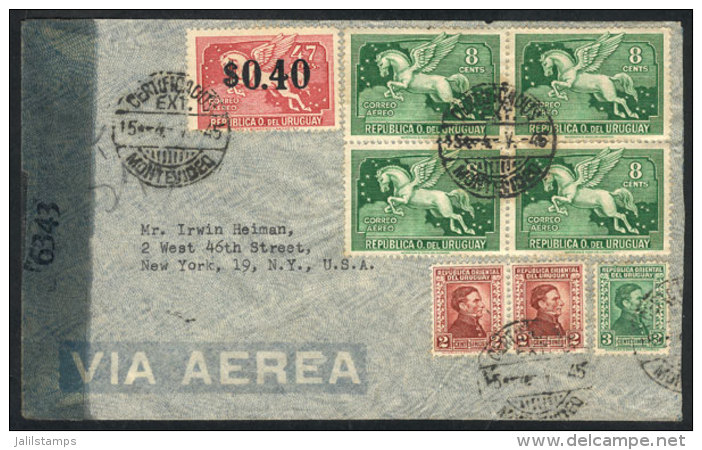 Registered Airmail Cover Sent From Montevideo To New York On 4/MAY/1945, Censored, Very Nice Postage, VF Quality! - Uruguay