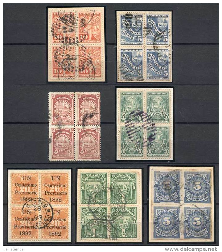 7 Old Used Blocks Of 4, VF Quality, With Some Interesting Cancellations! - Uruguay