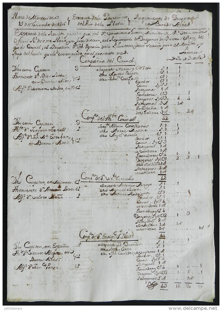 ORIGINAL DOCUMENT: Plaza De Montevideo 15 November 1806, Army Of The Province Of The River Plate, Regiment Of... - Uruguay