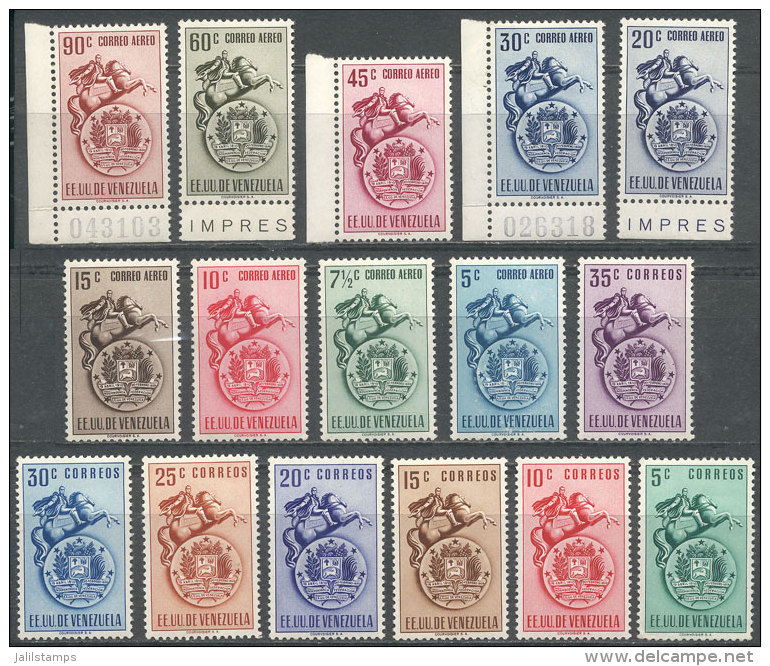 Yvert 361/365 + A.361A/367A, 1951 Coat Of Arms Of Venezuela And Statue Of Bolivar, Cmpl. Set Of 16 Values, MNH, VF... - Venezuela