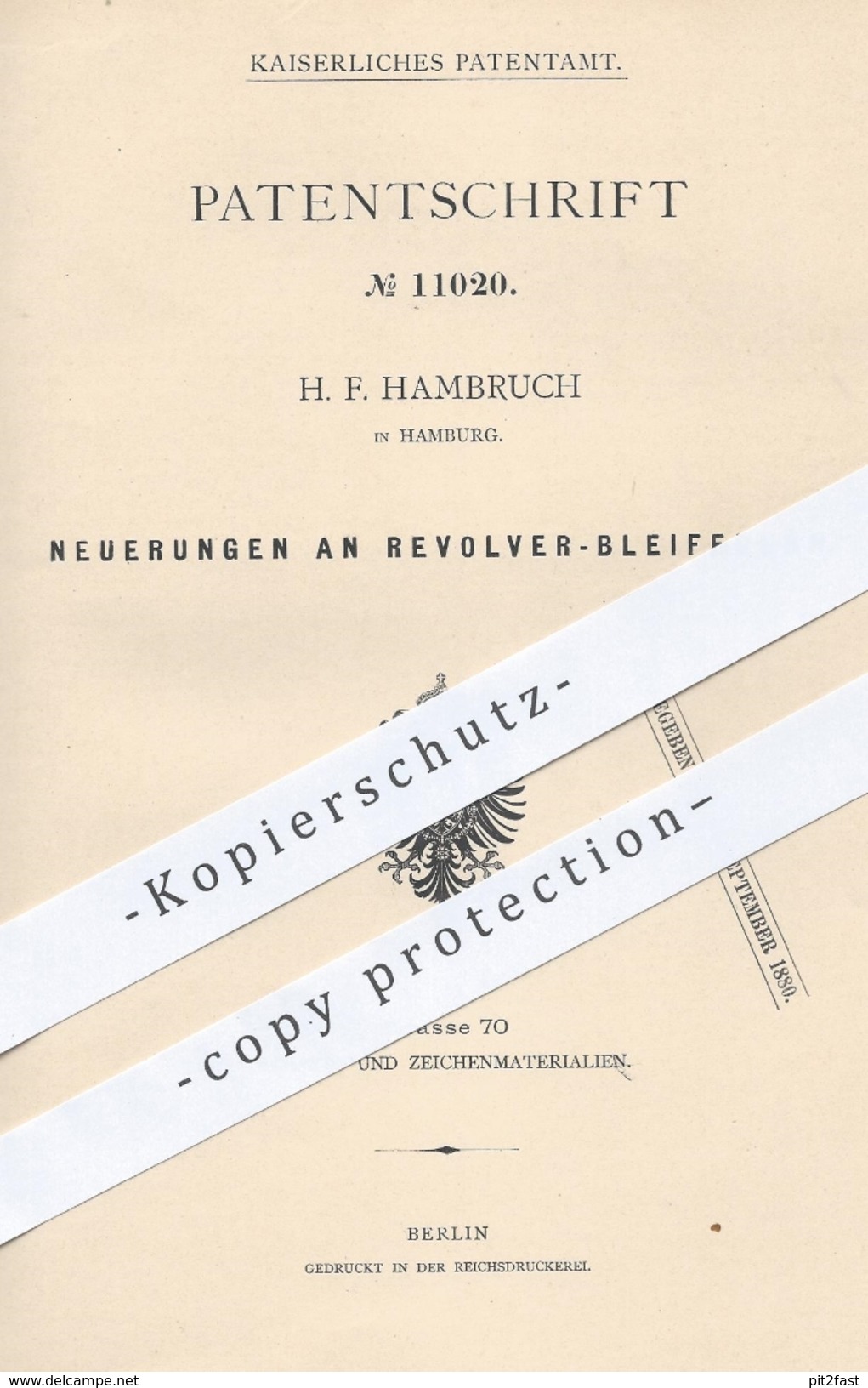 Original Patent - H. F. Hambruch , Hamburg 1880 , Revolver Bleifeder | Bleistift , Stift , Stifte , Feder , Schreibfeder - Historische Dokumente