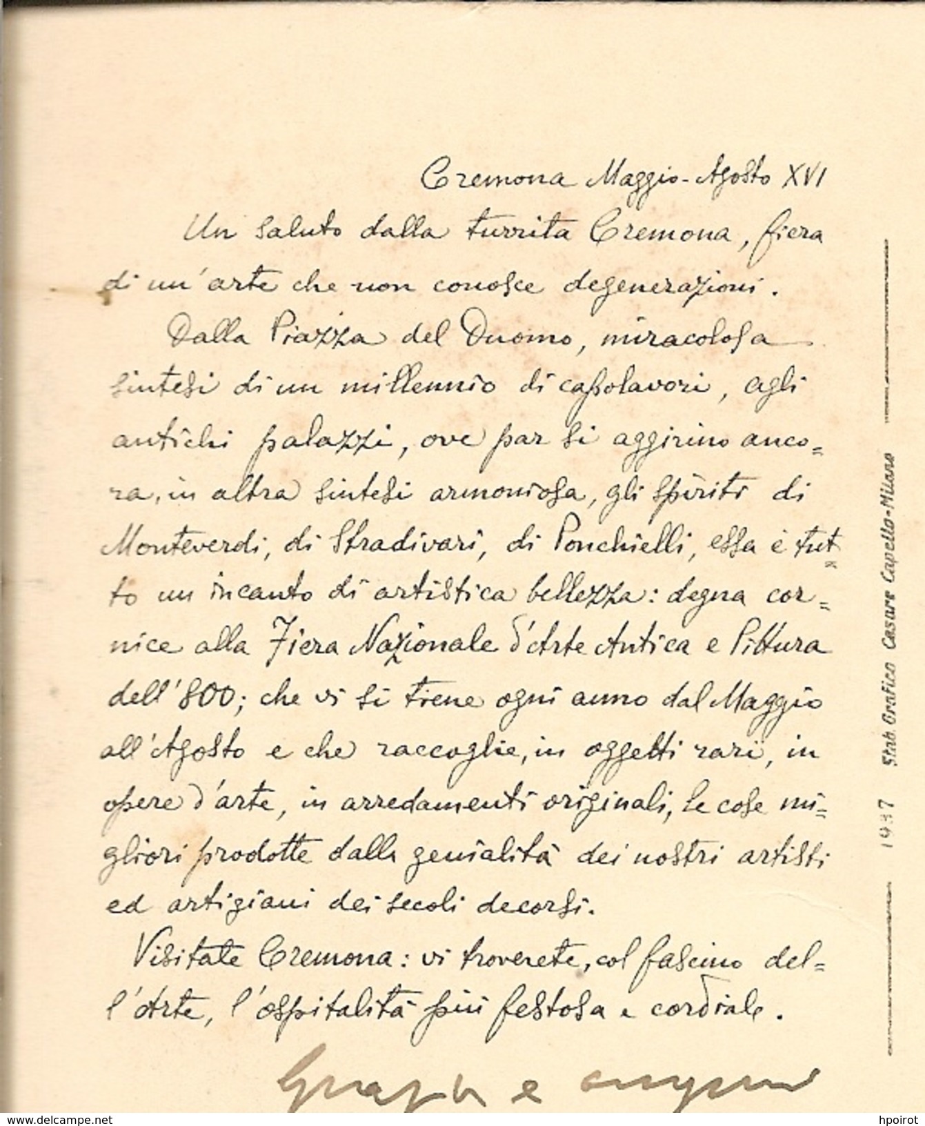 CREMONA - INSOLITA PUBBLICITARIA Fiera Arte Antica E Pittura ´800 (vedi Retro Pre-compilato) VIAGGIATA 1939 - (rif. M07) - Cremona