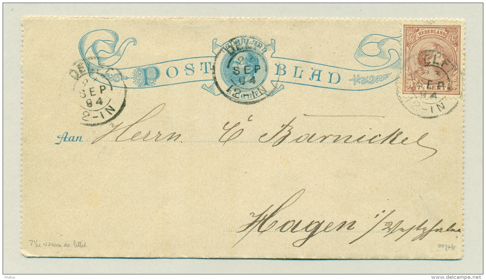 Nederland - 1894 - 7,5 Cent Hangend Haar Op Postblad Van Delft Naar Hagen / Duitsland - Briefe U. Dokumente