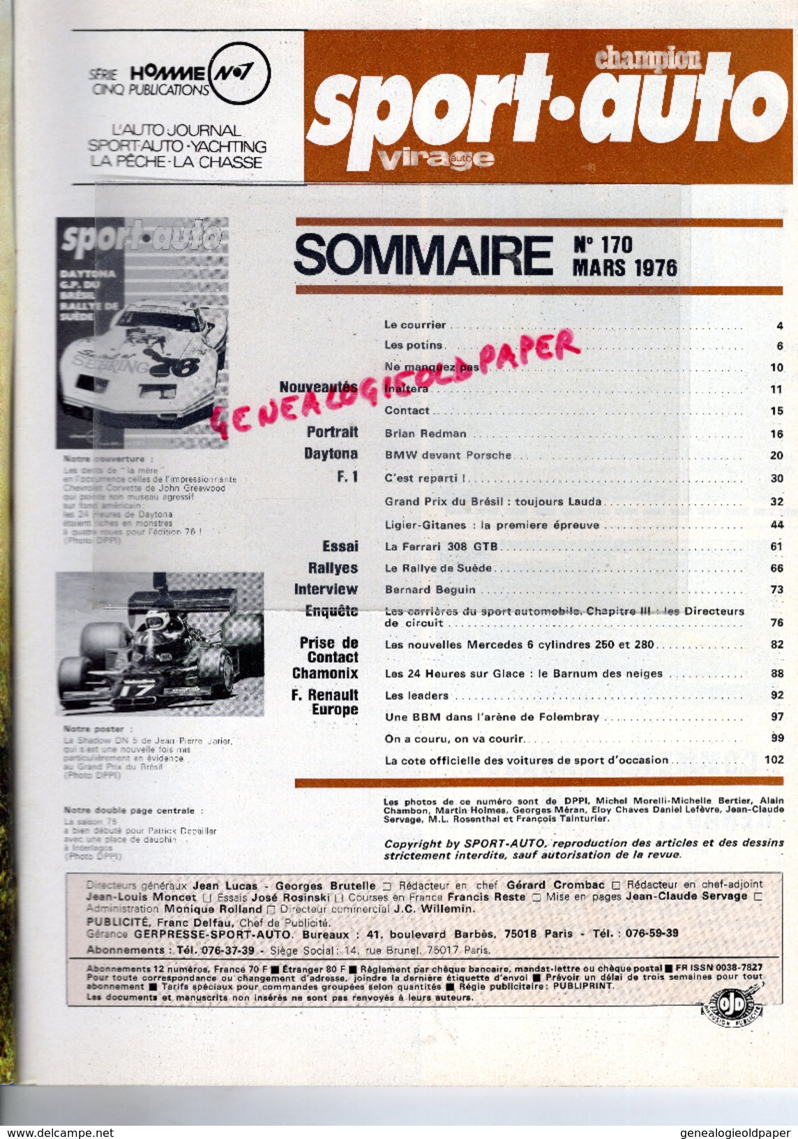 REVUE SPORT AUTO - VOITURE- MARS 1976- N° 170- DAYTONA-BRESIL-RALLYE SUEDE-BRIAN REDMAN-PORSCHE-BMW-LIGIER -BEGUIN - Auto