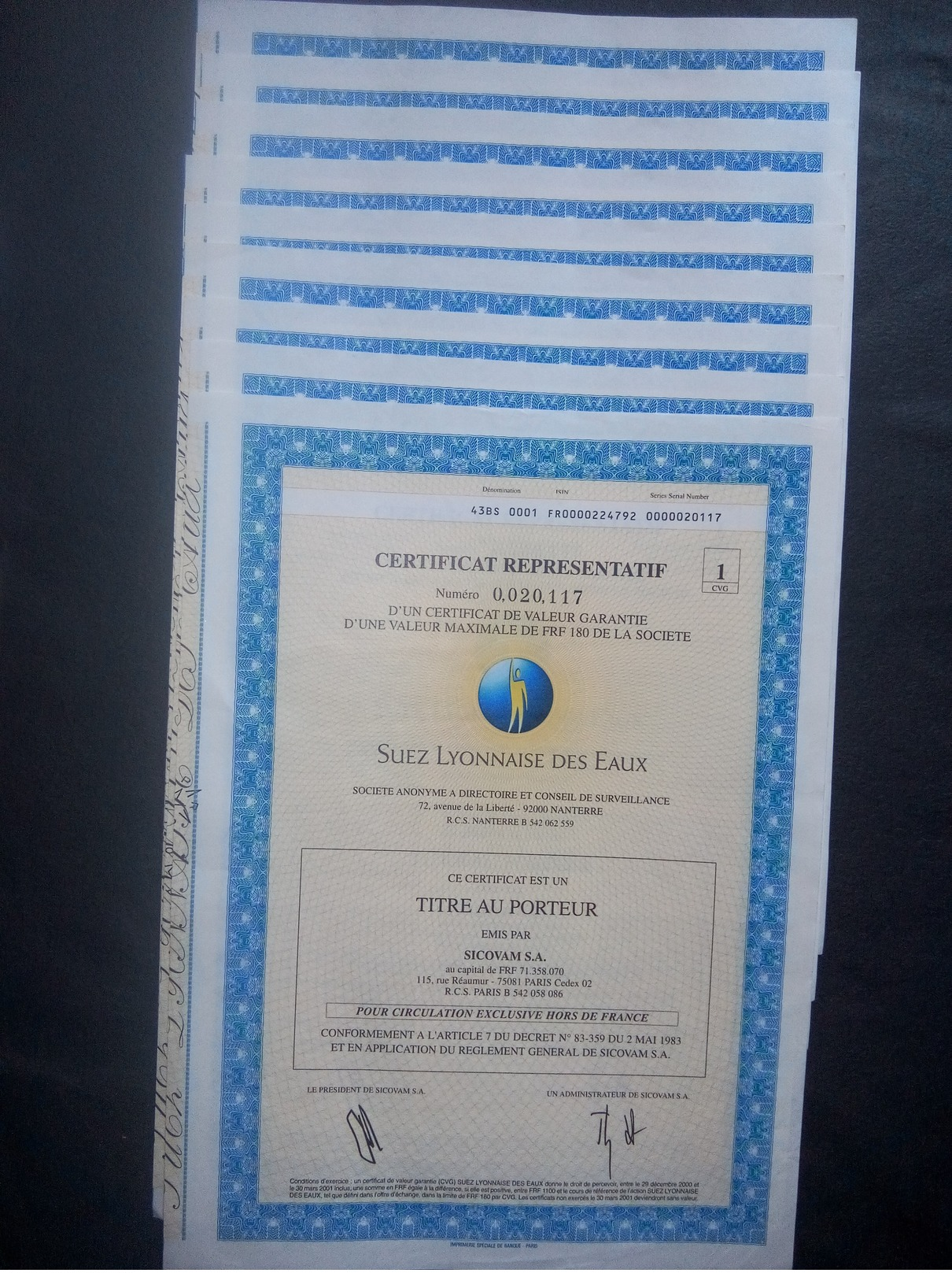 Lot 9 Certificat SUEZ Lyonnaise Eaux (Non Annulé) - Altri & Non Classificati