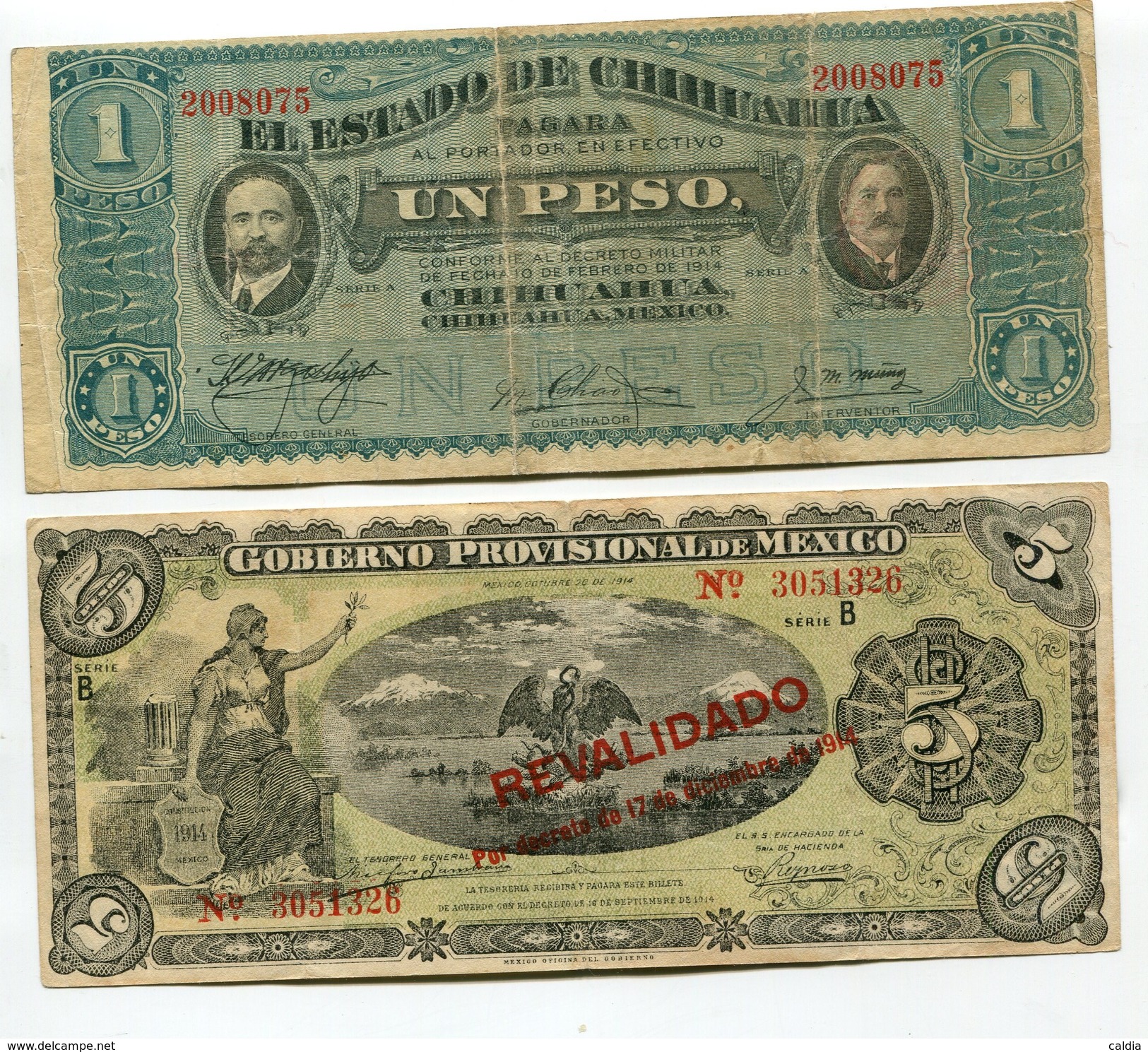 Mexique Mexico LOT 1 Peso + 5 Peso 1914 RED STAMP - Mexiko