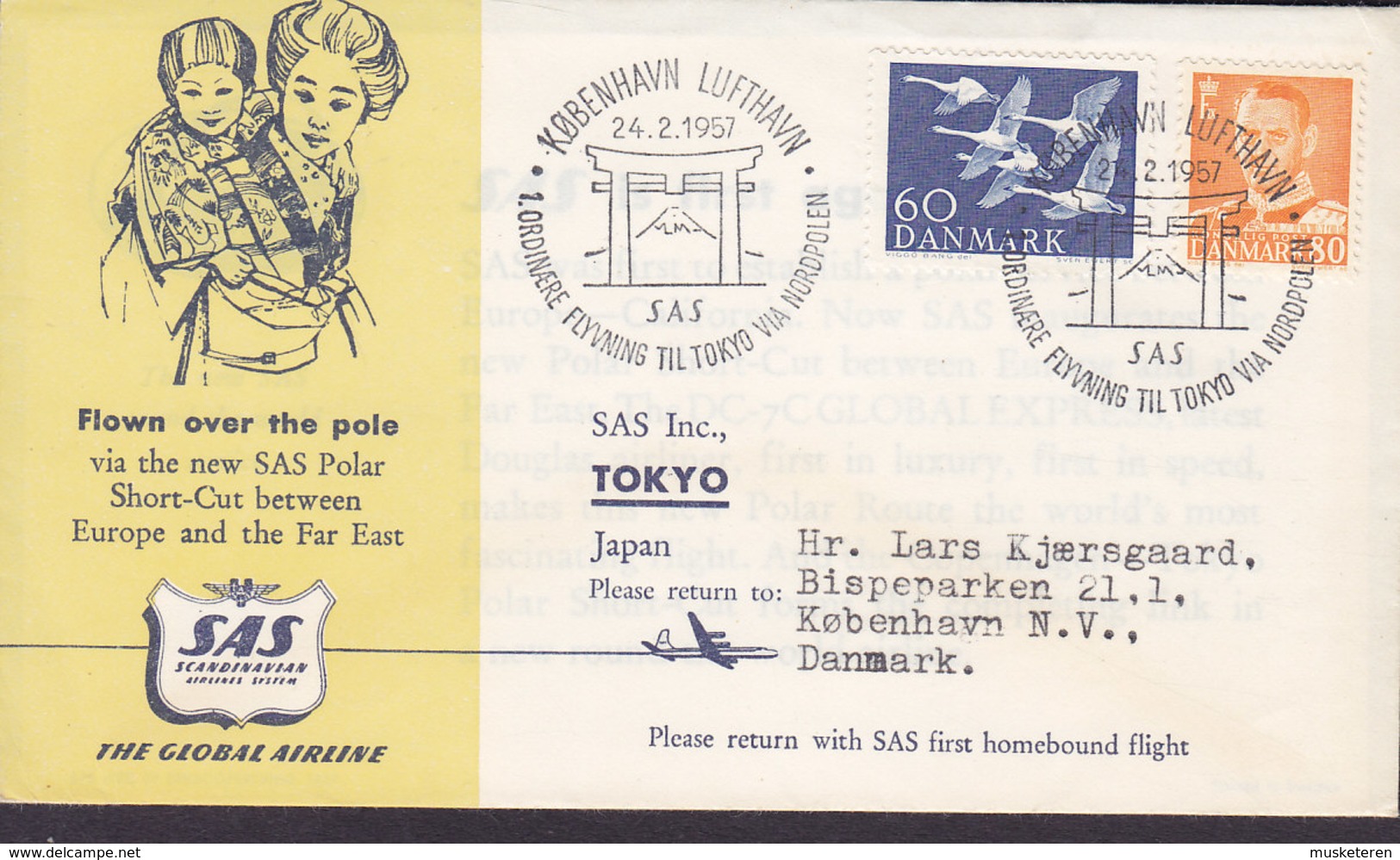 Denmark SAS 1st North Pole Flight TOKYO - COPENHAGEN 1957 Cover Brief NORDEN Nordia Issue 5 Swans (2 Scans) - Luftpost