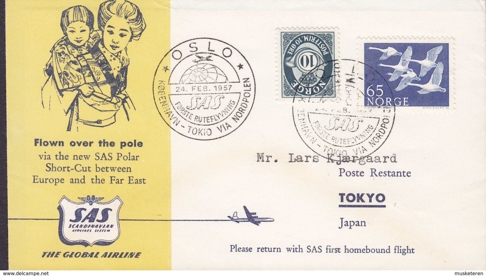 Norway SAS 1st North Pole Flight TOKYO - COPENHAGEN, OSLO 1957 Cover Brief NORDEN Nordia Issue 5 Swans (2 Scans) - Briefe U. Dokumente