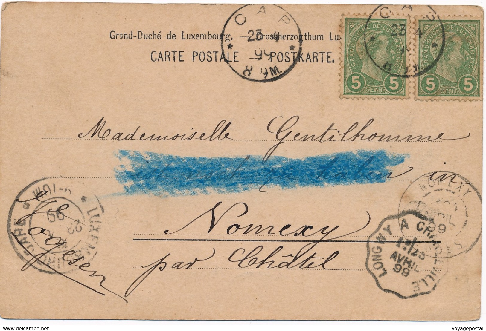 Luxembourg CAP 5cx2 Pour Nancy, Ambulant Longny A Charleville - 1895 Adolphe Rechterzijde