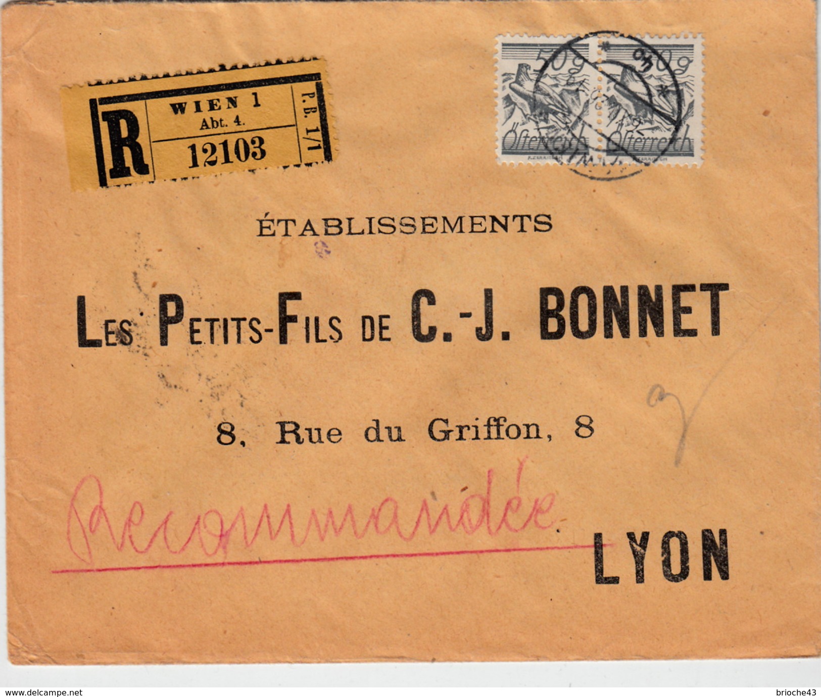 AUTRICHE - COVER - RECOMMANDE WIEN 6.XII.26 POUR LYON  L P F C.- J.BONNET - Briefe U. Dokumente