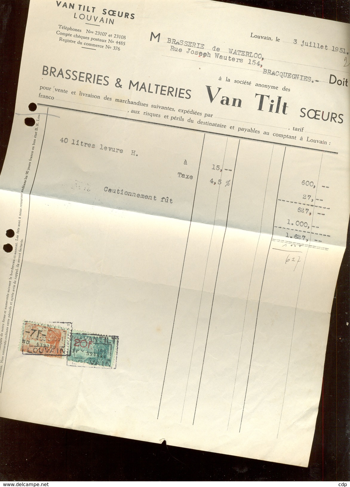 Brasseries Van Tilt Louvain  1951 - Levensmiddelen