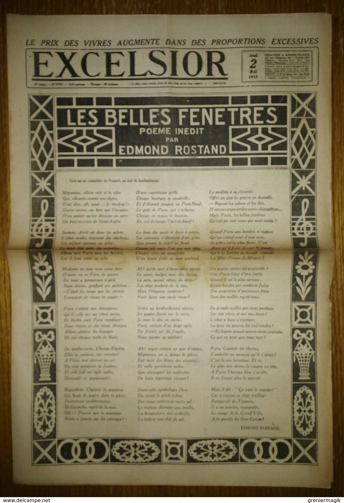 Excelsior 2725 - 02/05/1918 - Les Belles Fenêtre Poème Inédit Par Edmond Rostand - Affaire Du "Bonnet Rouge" - Autres & Non Classés