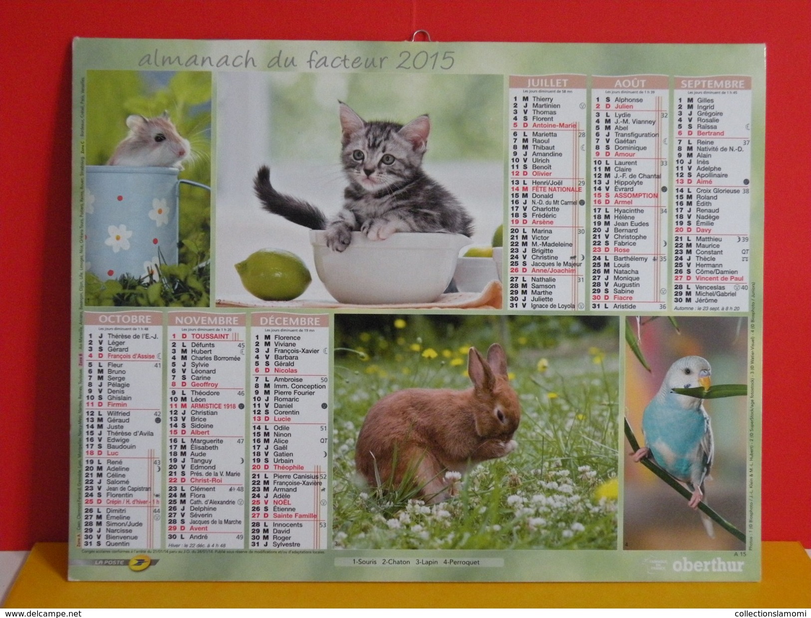 Calendrier Oberthur > Poisson,Perroquet,Chiot Samoyède,Furet,Souris,Perroquet,Lapin - Almanach Facteur 2015 Comme Neuf - Tamaño Grande : 2001-...