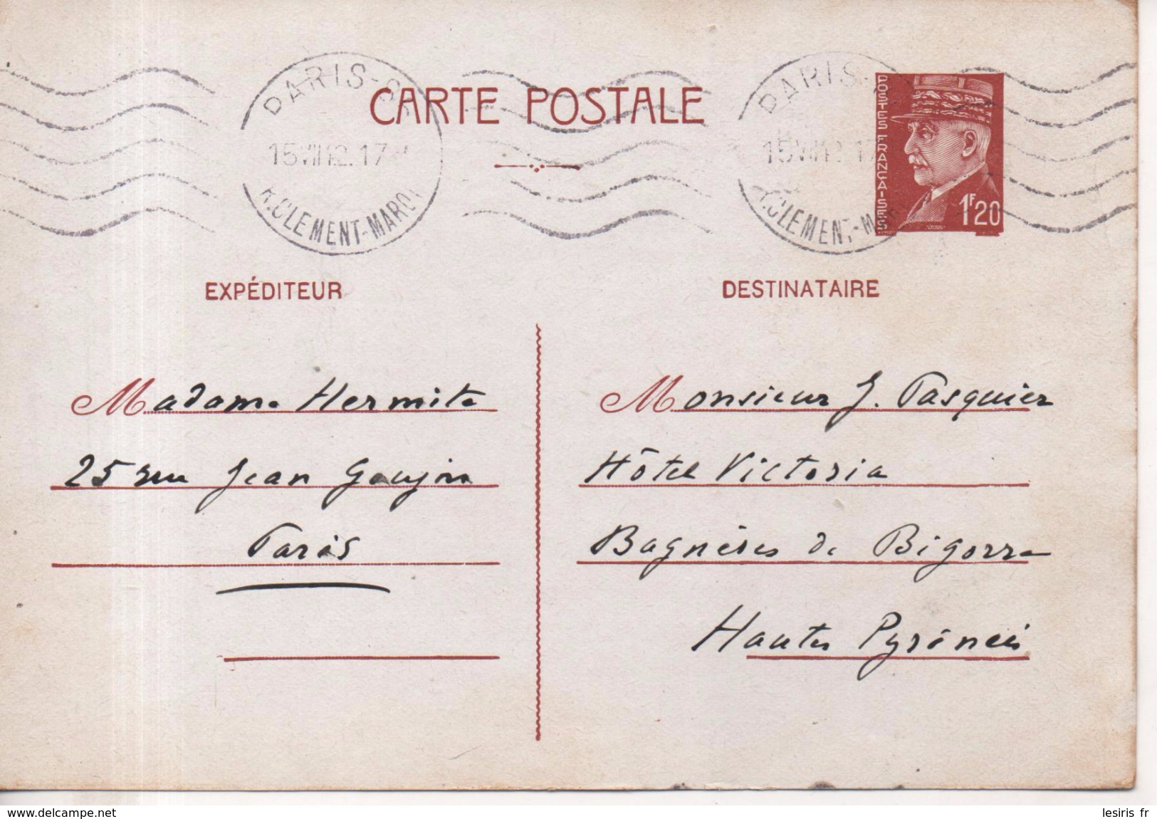 CARTE POSTALE - POSTE FRANCAISE - 1.20 F - PETIN - 1942 ? - Postales Tipos Y (antes De 1995)