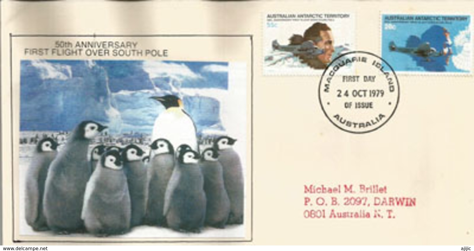 Amiral Byrd, First Flight Over South-Pole & Antarctica In 1929,special Cover 50th Anniversary, Canceled Macquarie Island - Premiers Vols
