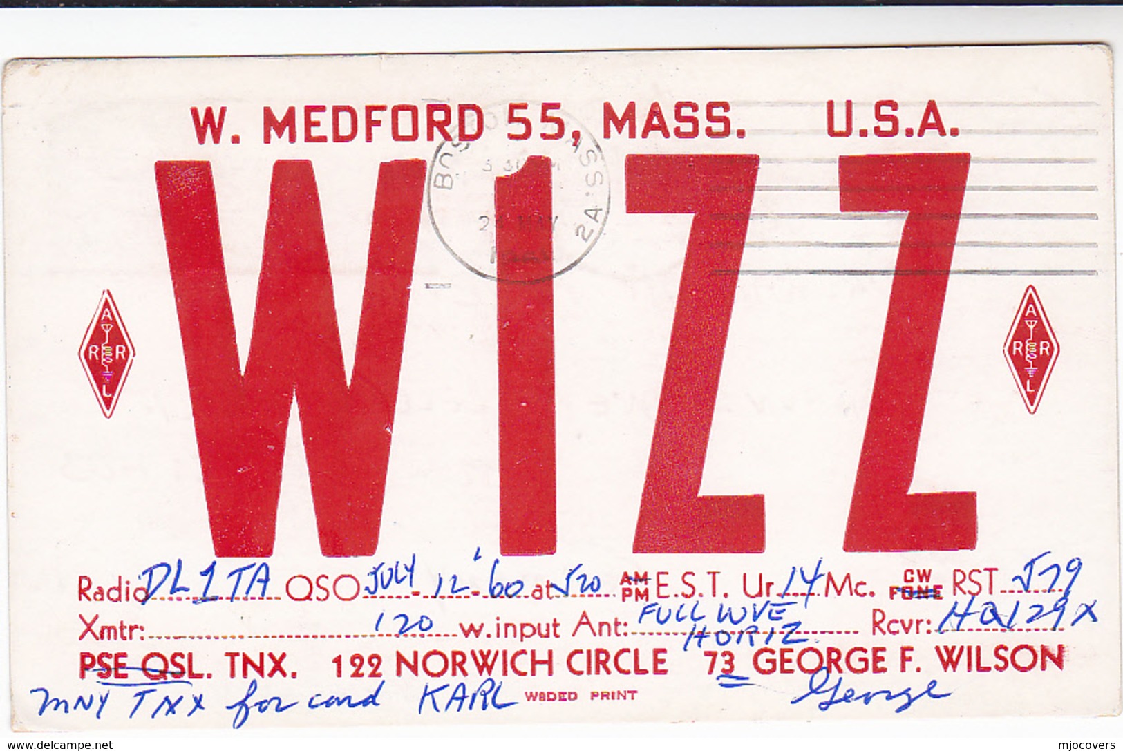 1961 QSL CARD WiZZ  Boston Massachusetts USA To Germany,  Stamps Cover Radio Card Postcard - Radio Amateur