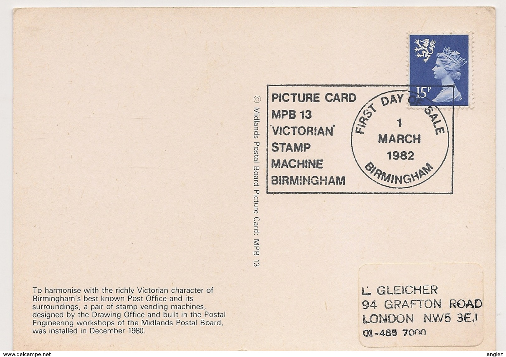 Great Britain: Midlands Postal Board Card MPB 13 - Victorian Stamp Vending Machine - FDI  Postmark 1982 - Stamps (pictures)