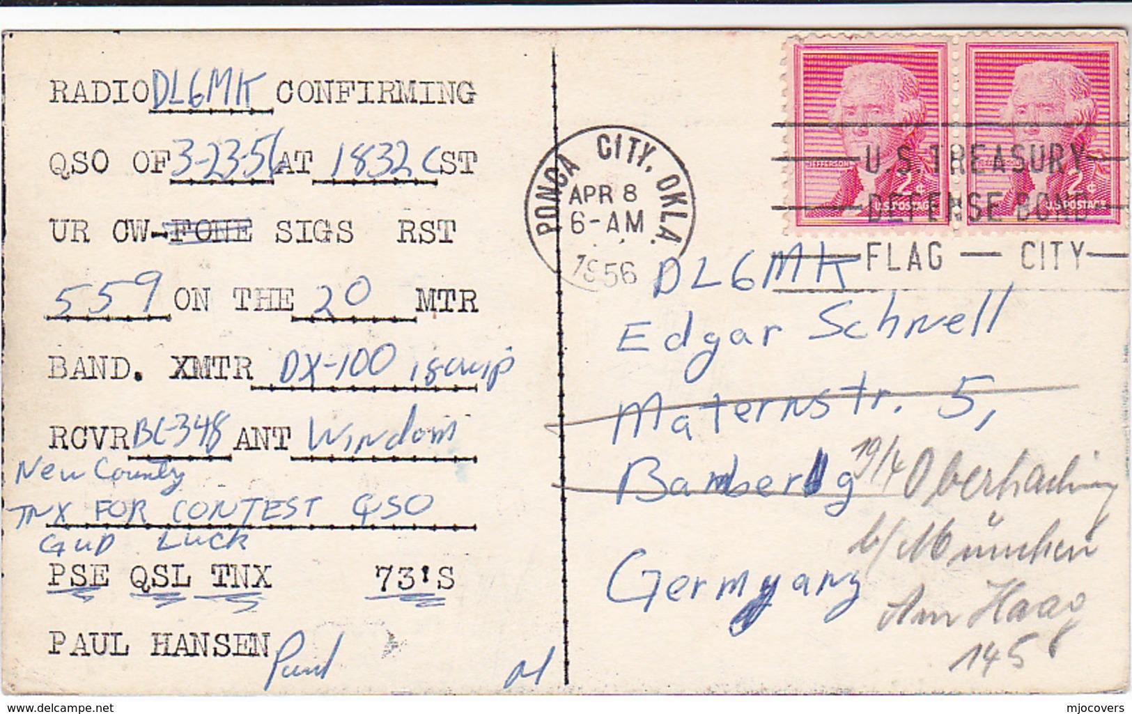 1956 QSL RADIO CARD W5DFF Ponka City Oklahoma USA To Germany,  Stamps, Postcard Cover - Radio Amateur